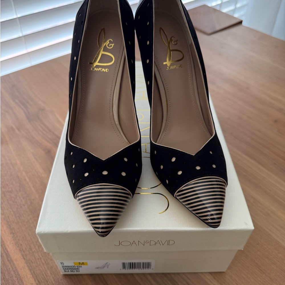Joan & David Black Suede Pointed Pumps with Striped Cap